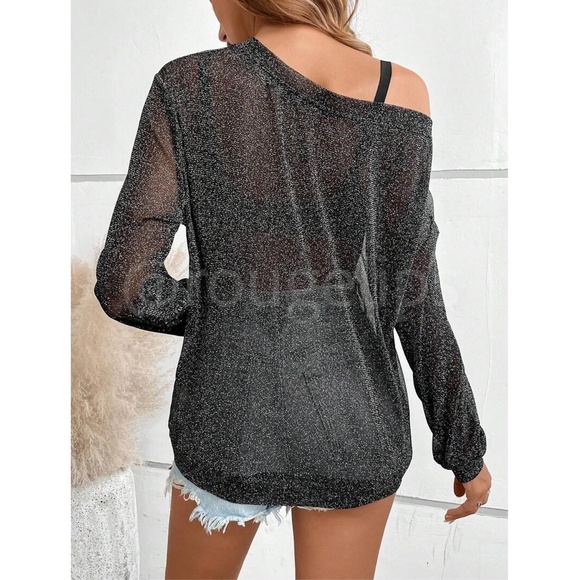 Black Lurex Sheer Black Long Sleeve Asymmetrical Neck - Picture 4 of 9